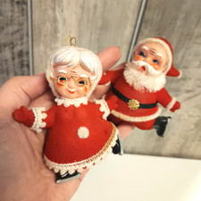 Vintage Felted Flocked Santa & Mrs Claus Christmas Ornaments Figurine 1950s picture