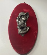 Vintage French Wall Decor Of Pewter Lady w/hat Against Red Velvet Back ground picture