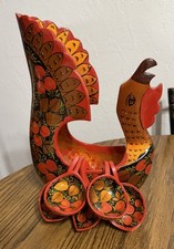 Russian Khokhloma Folk Art Lacquered Wooden Hand Painted Swan Bowl picture
