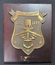 1960s Brass USS Newport News Ship Navy Plaque on Wood Mount - LST. 1179 picture