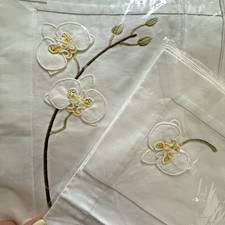 Vintage French Placemats Napkins Set 12pc LINEN 3D ORCHIDS Designer Agnes Comar picture