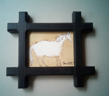 Vintage Small Black Wood Tramp Folk Art Frame Original Horse Drawing Artwork picture