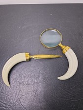 Vintage Brass & White Horn Desk Set - Magnifying Glass & Letter Opener picture