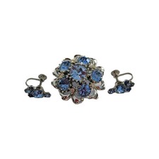 Beautiful Vintage Light Blue And Silver Tone Brooch And Screw Back Earrings picture