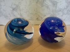 2 Vintage Blue Swirl Glass Paperweight With Marks Light Blue G 94, Darker G 97 picture