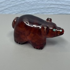 Vintage Hand Carved Grizzly Bear Fetish Figurine Amber Stone Turquoise Eyes  picture