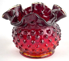 Fenton Amberina Hobnail Ruffled Vase Ruby Red with Yellow Edges picture