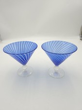 Pair Vintage Cobalt Blue Swirl Art Glass Martini Cocktail Glasses Clear Stem picture