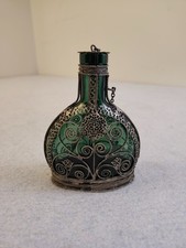 Vintage Emerald green glass silvered copper wire filligree bottle picture