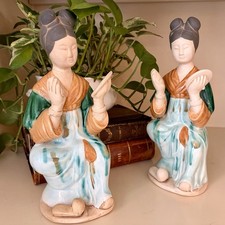 Vintage Chinese Tang Sancai Pottery Court Lady Musician Figurines Pair 10.25” picture