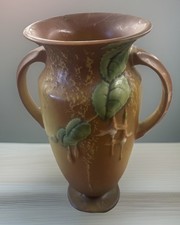 Roseville Pottery Fuchsia Double Handled Urn Vase Brown Green Pink  Repair picture
