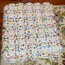 Vintage Wedding Ring Patchwork Quilt, Cotton Quilted Multicolor/Beige 66x82