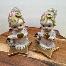 Vtg Arnalt Japan Ceramic Angel Candlestick Holders Gold Star Bases w Lamb picture