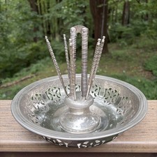 Vintage Silverplate Reticulated Nut Dish with Nutcracker and Six Nut Picks picture
