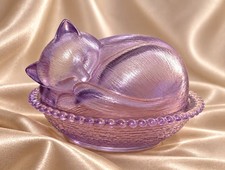 OOAK Satin Lavender Vintage Indiana Glass Sleeping Kitty Cat on Nest picture