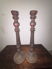 Antique 18” Pair Turned Wooden Candlesticks Victorian Colonial Revival Walnut picture