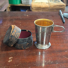 Antique Collapsible Shot Glass And Case With Handles Copper Silver Cup Set Of 1 picture