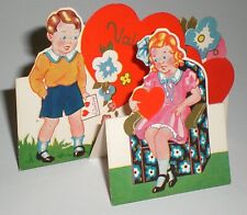 Girl Floral Arm Chair Boy Holds Valentine Vintage Stand Up Mechanical Card picture