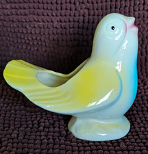 Vintage 1950s FAPCO Ceramic Bird Planter – Pastel Yellow & Blue Airbrush Art Pot picture