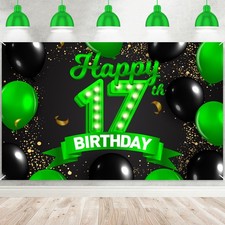 Happy 17th Birthday Green and Black Banner Backdrop Cheers to 17 Years Old Co... picture