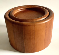 Ice Bucket Vintage Denmark Teak Wood MCM Richard Nissen Black Liner Round 8.5 In picture