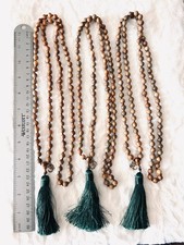 3 Mala prayer bead necklaces natural stones and green tassels lot #1006 picture