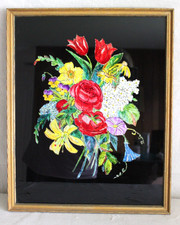BIG RARE ANTIQUE FOLK ART TINSEL FOIL PAINTING FLOWER BOUQUET GOLD WOOD FRAMED picture