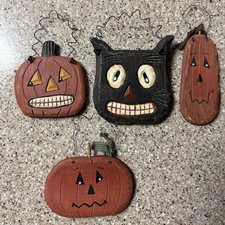 Lot of 4 Primitive Folk Art Whimsical Halloween Hanging Black Cat-Pumpkins picture