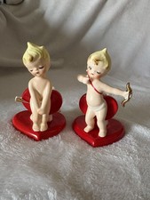 Vintage Rare 1958 Napco Valentine Candle Holders Cupid Cherub Red Heart REPAIRED picture