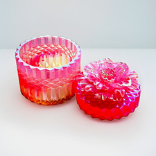 Handmade Pink Resin Floral Trinket Box w/ Lid, Round Small, Geometric Pattern picture