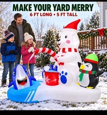 6FT Christmas Inflatable Polar Bear Penguin and Shark Sled Team WWW picture