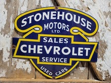 VINTAGE CHEVROLET PORCELAIN SIGN OLD STONEHOUSE MOTORS CHEVY USED CARS TRUCKS picture