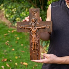 12-inch Antique Wooden Hand Carved Church Wall Crucifix Cross Jesus Christ Gift picture