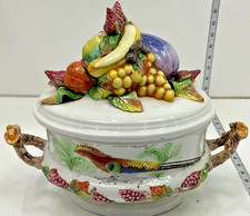 VTG Italian Majolica Ceramic Covered Soup Tureen Fruit Pheasant Serving Bowl picture