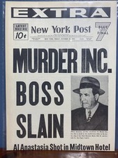 VINTAGE NEWSPAPER HEADLINE ~MURDER INC. BOSS SLAIN~ AL ANASTASIA NEW YORK 1957 ~ picture