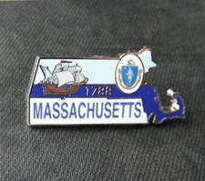 MASSACHUSETTS US STATE MAP SEAL LAPEL PIN 1 INCH METAL ENAMEL PRINTED picture