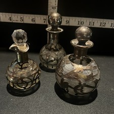 3 Antique Perfume Bottles & Stopper Glass with Sterling Overlay Handmade C 1900 picture