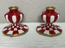 MacKenzie-Childs Red, White & Gold Checkered Ceramic Short Candle Holders. 4.” picture