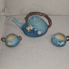 Roseville Blue Floral Glazed Ceramic Tea Set Teapot Creamer Sugar Bowl picture