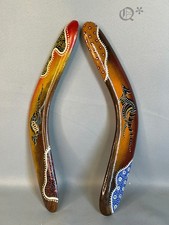 Vintage Australian Aboriginal Art Boomerang Set of 2 Hand Painted picture