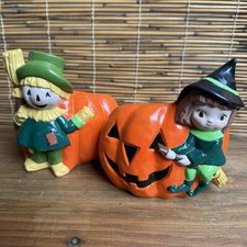 2 VTG Nancy Pew style Midcentury Halloween Pumpkin Planters Witch Scarecrow READ picture
