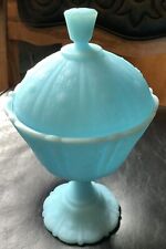 FENTON BLUE SATIN MILK GLASS DAISY LIDDED COMPOTE picture
