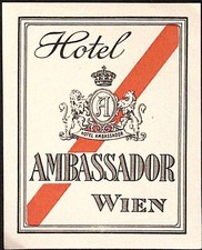 c1940s Hotel Ambassador Wien Austria Luggage Label 3.25 x 4.5