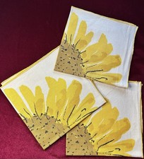 VINTAGE VERA NEUMANN SQUARE Linen CLOTH NAPKINS SET OF 3 YELLOW SUNFLOWERS 16X16 picture