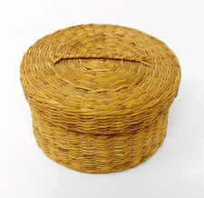 Vtg Woven Sweetgrass Basket w/Lid 3x6 Round Top Handle Trinkets Tea picture