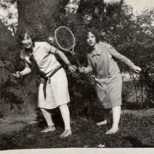 Vtg Photo Snapshot Two Women Ladies With Tennis Rackets Fun Pose 1920s Picture picture