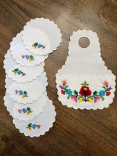 Vintage Hungarian Kalocsa Style Embroidered Napkins & Bottle Apron Set picture