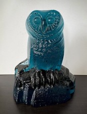 BLENKO Art Glass Barred Owl Bird Bookend Sculpture In Cerulean Blue 7” picture