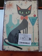 MCM Atomic  Retro Black Cat with Martini Glass Tin Metal Signs Home Décor Wall  picture