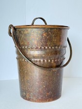 Antique Hand-Hammered Copper Bucket Wrought Iron Handle Primitive Riveted picture